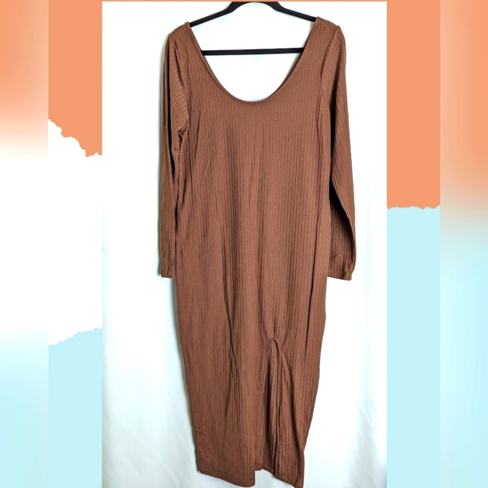 Caramel Brown Fitted Midi Dress with front Split - Picture 3 of 5